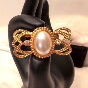 Gold Toned Brooch with Faux Pearl Center Piece